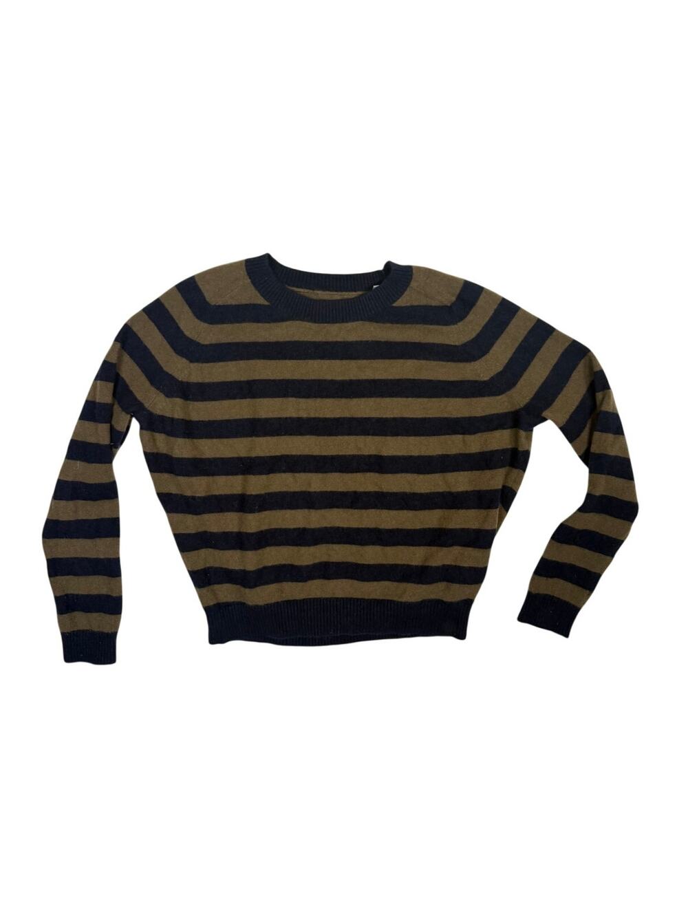 Vince Minimalist Soft Cashmere Stripe Crewneck Sweater Green Black XS